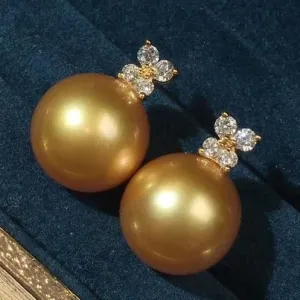 11-12mm Golden South Sea Pearl & Diamond Dahlia Earrings Stud