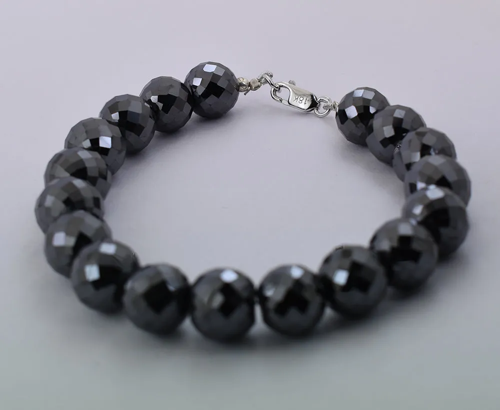 12 mm AAA Certified Black Diamond Beaded Bracelet In Sterling Silver Clasp. Heavy Style & Great Shine