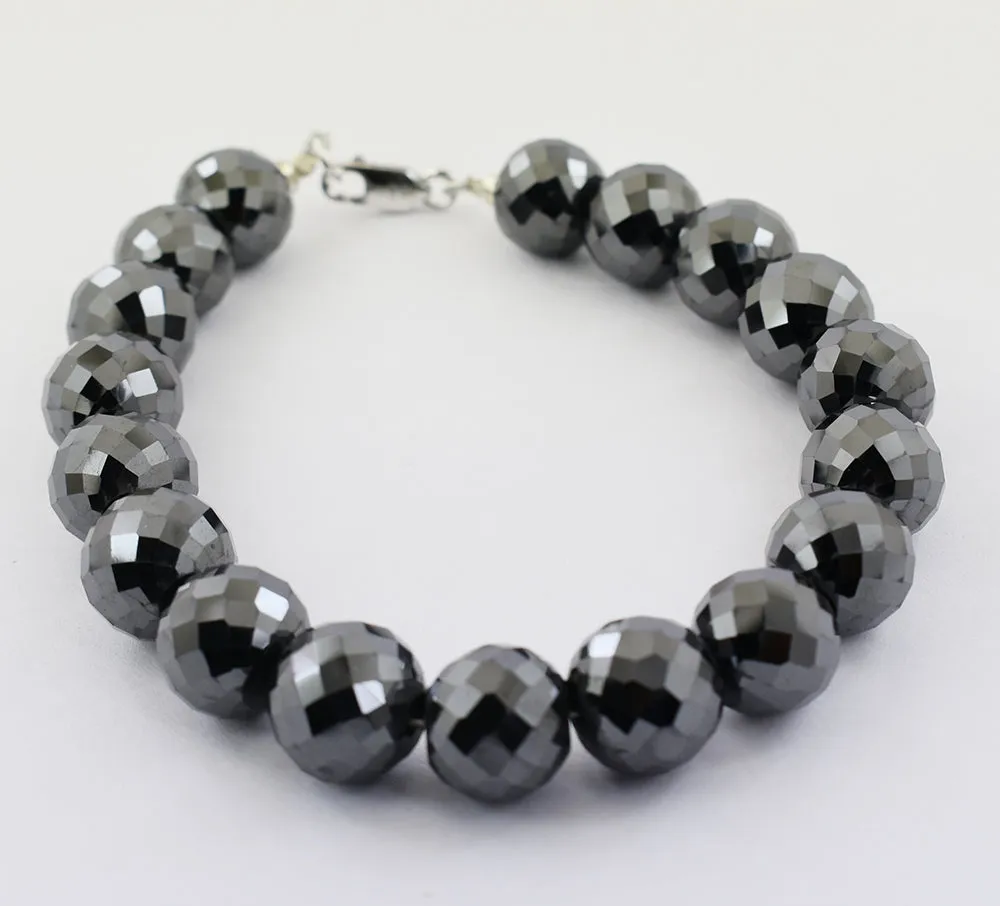 12 mm AAA Certified Black Diamond Beaded Bracelet In Sterling Silver Clasp. Heavy Style & Great Shine