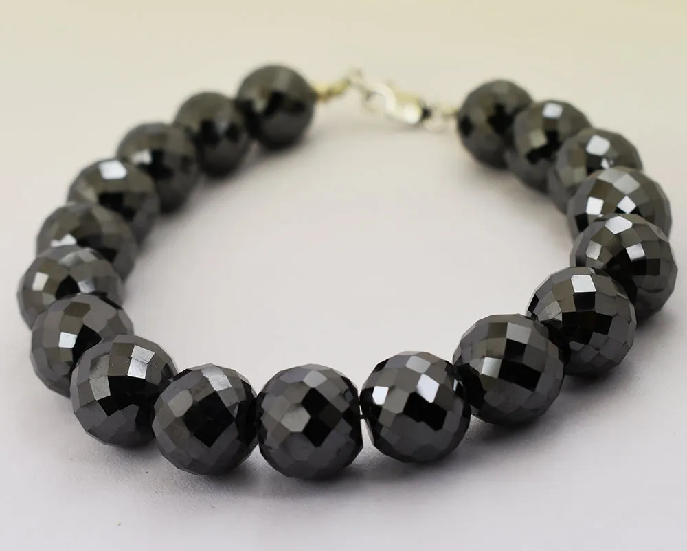 12 mm AAA Certified Black Diamond Beaded Bracelet In Sterling Silver Clasp. Heavy Style & Great Shine