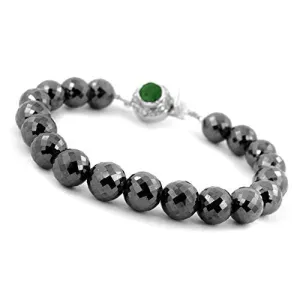 120 Ct Round Faceted Black Diamond Beaded Bracelet with Emerald Stone Silver Clasp! Latest Collection & Great Shine