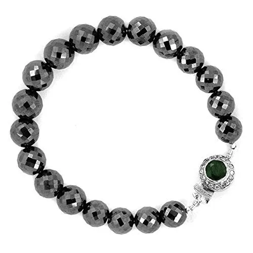 120 Ct Round Faceted Black Diamond Beaded Bracelet with Emerald Stone Silver Clasp! Latest Collection & Great Shine