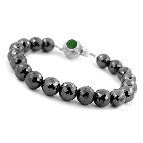 120 Ct Round Faceted Black Diamond Beaded Bracelet with Emerald Stone Silver Clasp! Latest Collection & Great Shine