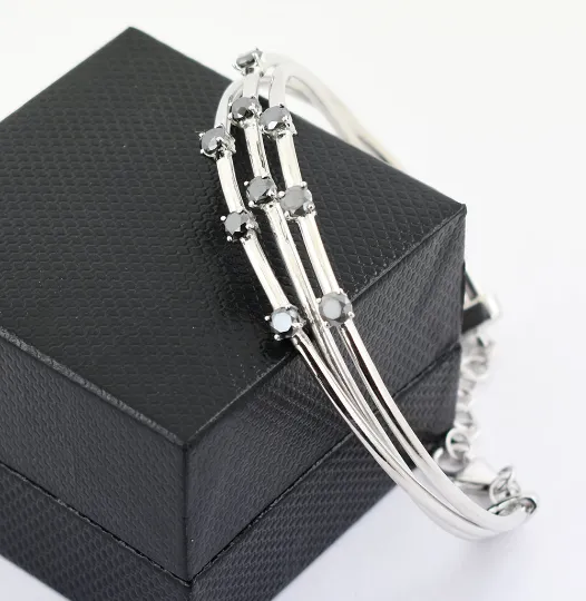 1.80 Carats Black Diamond Bangle Style Bracelet In Sterling Silver, Gift For Wife! Party Wear Collection