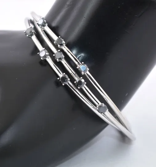 1.80 Carats Black Diamond Bangle Style Bracelet In Sterling Silver, Gift For Wife! Party Wear Collection