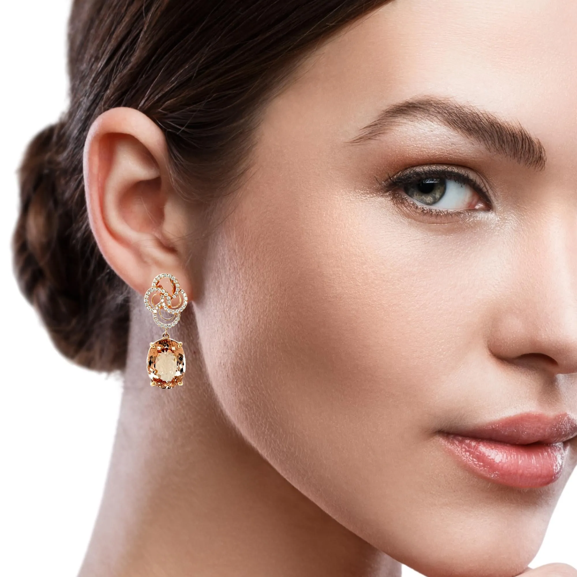 23.49 Carats Total Faceted Morganite and Diamond Rose Gold Dangle Drop Earrings