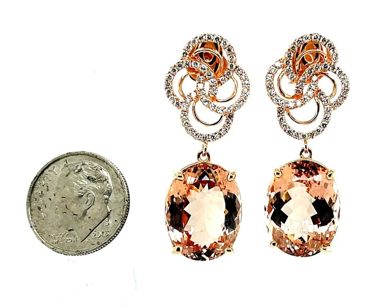 23.49 Carats Total Faceted Morganite and Diamond Rose Gold Dangle Drop Earrings