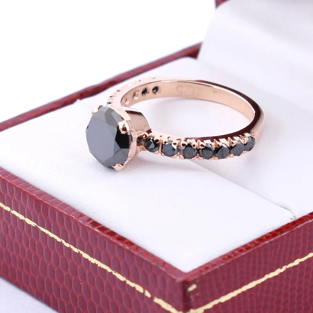 2.65 Ct Beautiful Black Diamond Ring with Black Diamond Accents In Rose Gold Finish, Great Shine & Excellent Luster