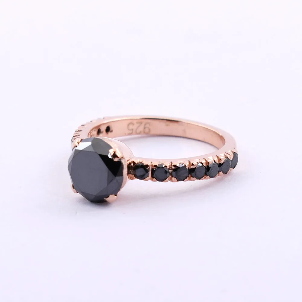 2.65 Ct Beautiful Black Diamond Ring with Black Diamond Accents In Rose Gold Finish, Great Shine & Excellent Luster