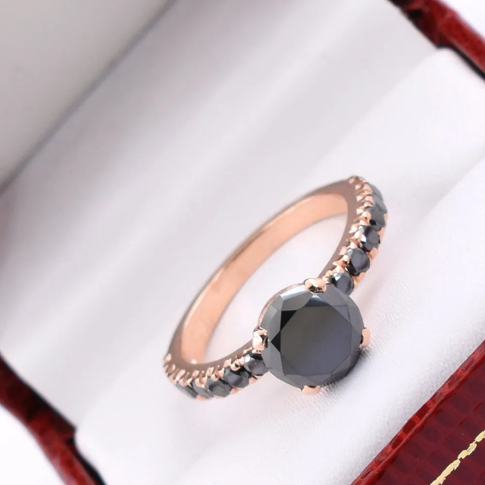 2.65 Ct Beautiful Black Diamond Ring with Black Diamond Accents In Rose Gold Finish, Great Shine & Excellent Luster