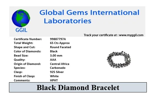 3 mm 65 Carat Black Diamond Beads Silver Wire Bracelet In 36 Inches, Great Shine with Amazing Collection