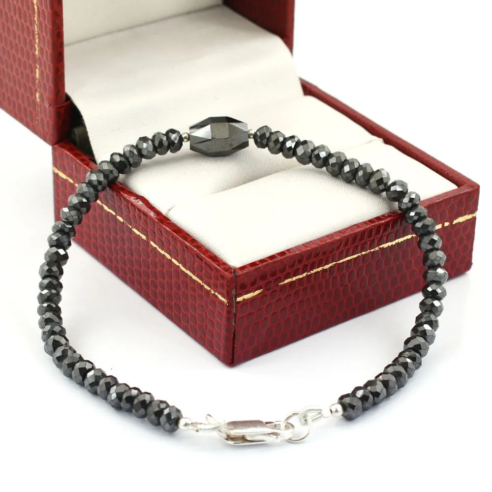 30 Cts AAA Certified Jet Black Diamond With Drum Cut Bead Bracelet In Sterling Silver. Ideal Gift for Anniversary, Birthday