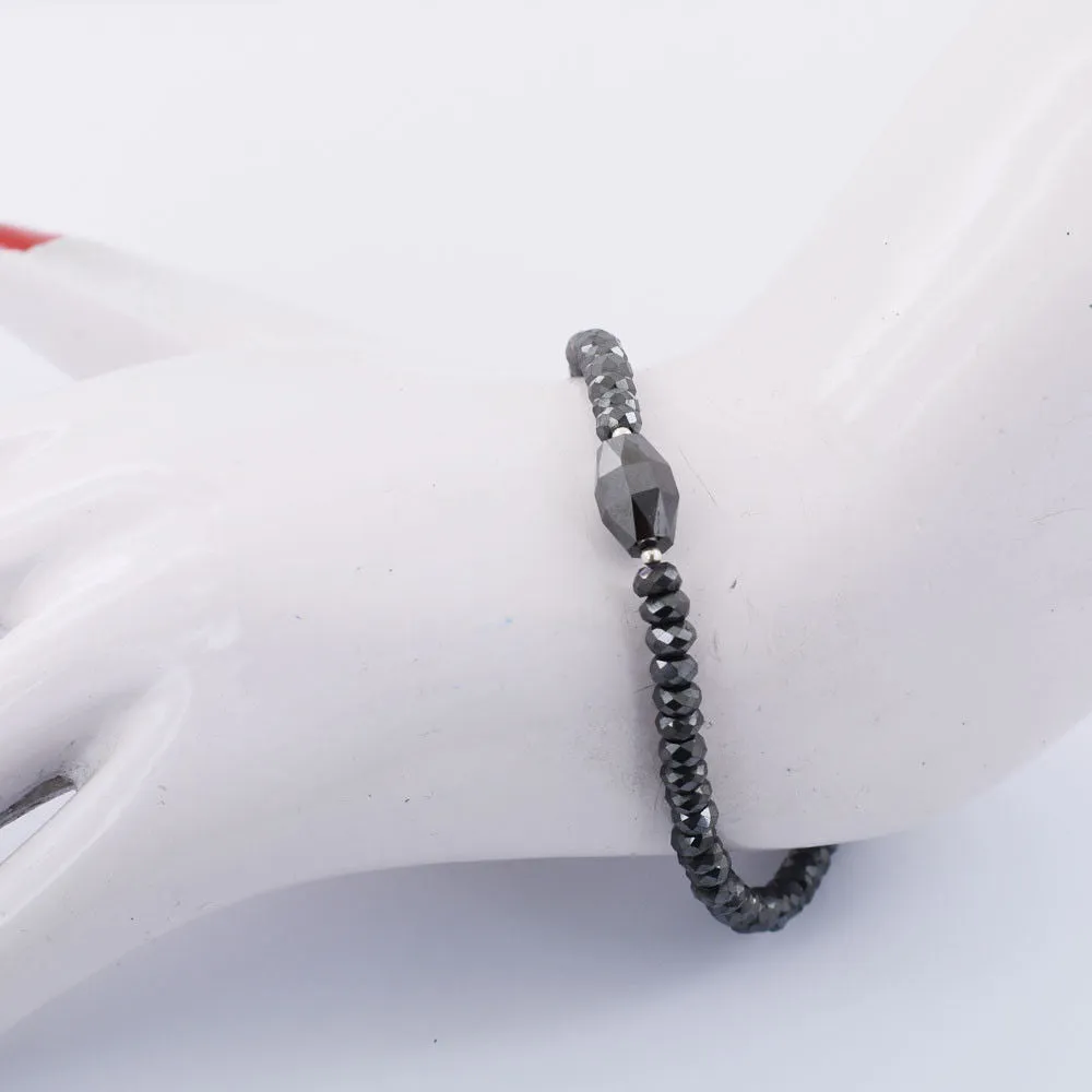 30 Cts AAA Certified Jet Black Diamond With Drum Cut Bead Bracelet In Sterling Silver. Ideal Gift for Anniversary, Birthday