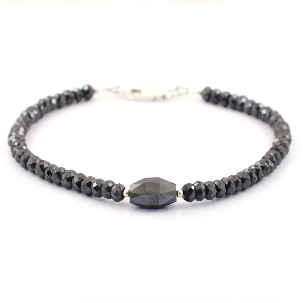 30 Cts AAA Certified Jet Black Diamond With Drum Cut Bead Bracelet In Sterling Silver. Ideal Gift for Anniversary, Birthday