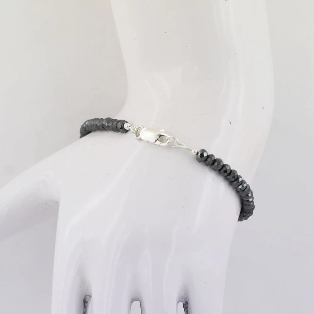 30 Cts AAA Certified Jet Black Diamond With Drum Cut Bead Bracelet In Sterling Silver. Ideal Gift for Anniversary, Birthday