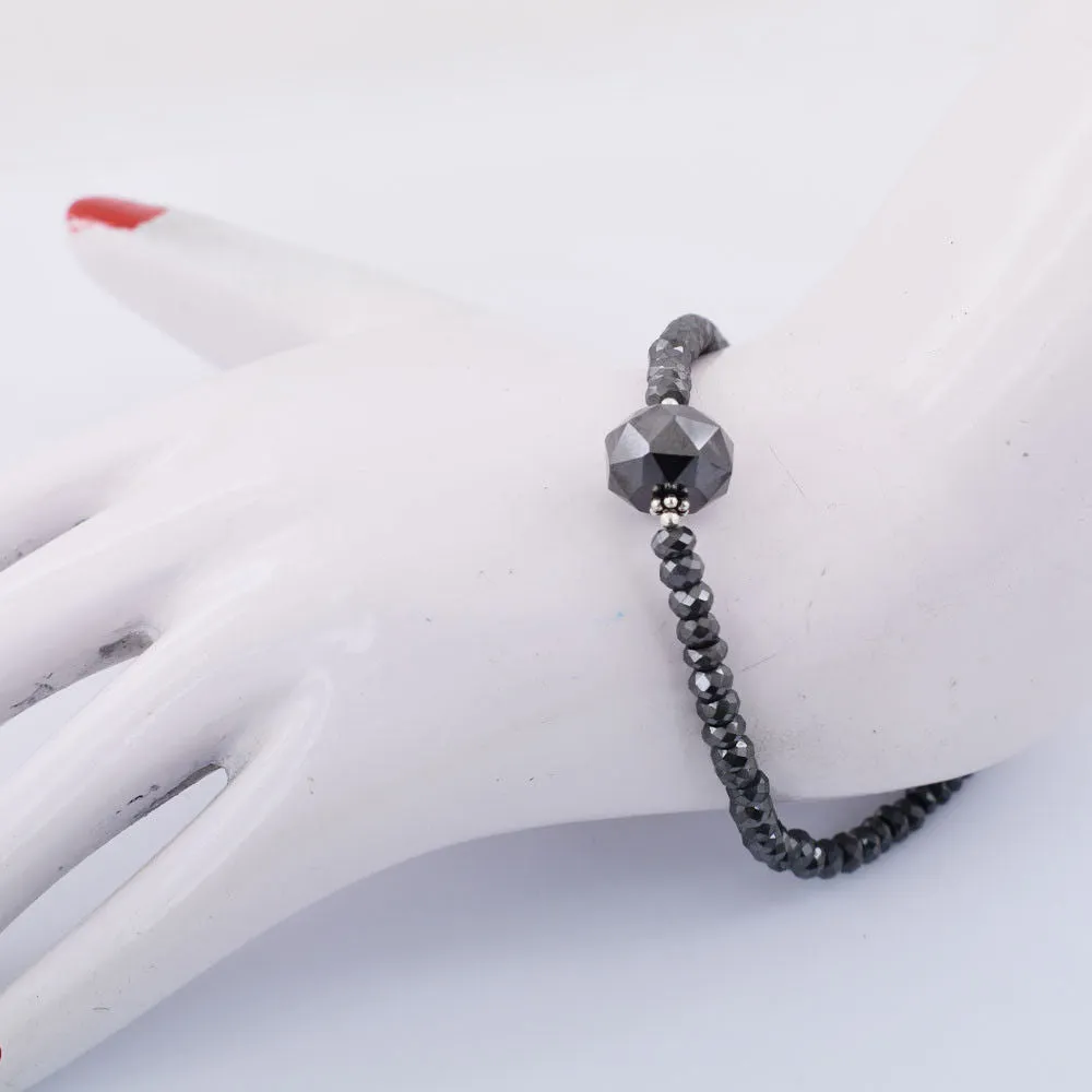 37 Cts Amazing Black Diamond Beaded Bracelet In Sterling Silver with Fancy Bead. AAA Certified