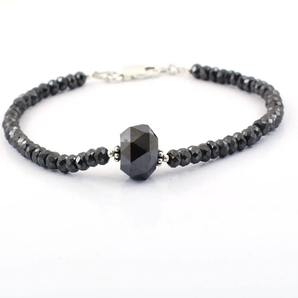 37 Cts Amazing Black Diamond Beaded Bracelet In Sterling Silver with Fancy Bead. AAA Certified