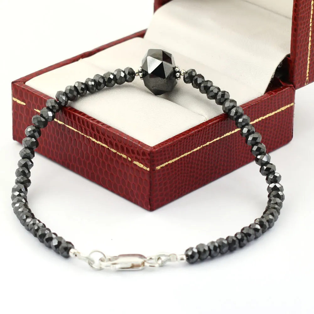 37 Cts Amazing Black Diamond Beaded Bracelet In Sterling Silver with Fancy Bead. AAA Certified