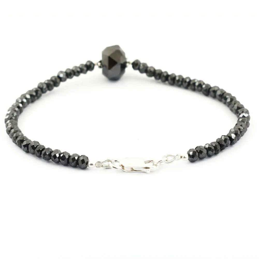 37 Cts Amazing Black Diamond Beaded Bracelet In Sterling Silver with Fancy Bead. AAA Certified