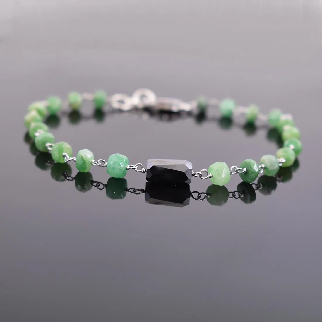 4-5 mm Black Diamond with Emerald Beads Silver wire Bracelet For Anniversary Gift, Birthday Gift