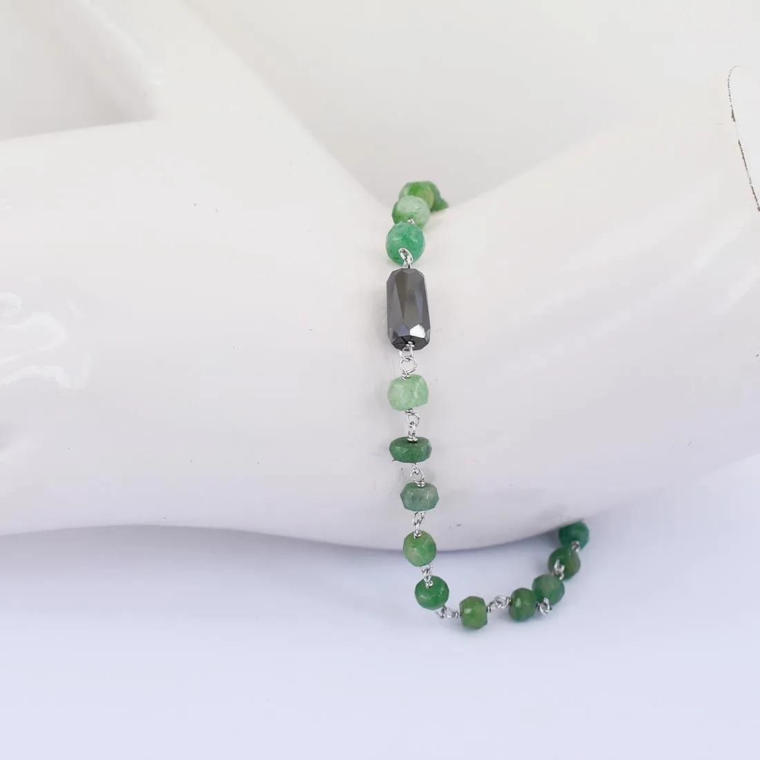 4-5 mm Black Diamond with Emerald Beads Silver wire Bracelet For Anniversary Gift, Birthday Gift