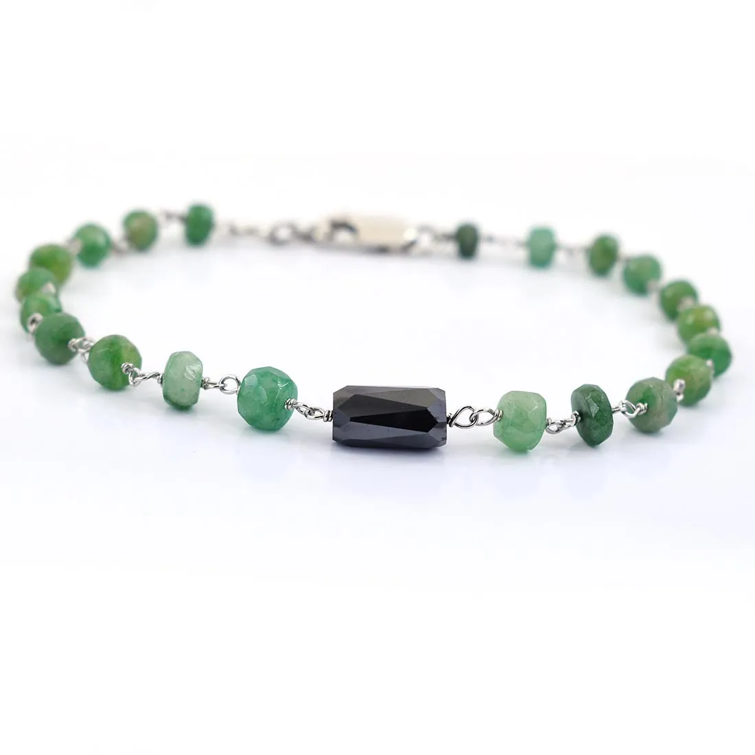 4-5 mm Black Diamond with Emerald Beads Silver wire Bracelet For Anniversary Gift, Birthday Gift