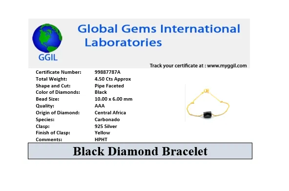 4.50 Carat Certified Pipe Shape Black Diamond Chain Bracelet in 925 Silver, Great Shine & Luster