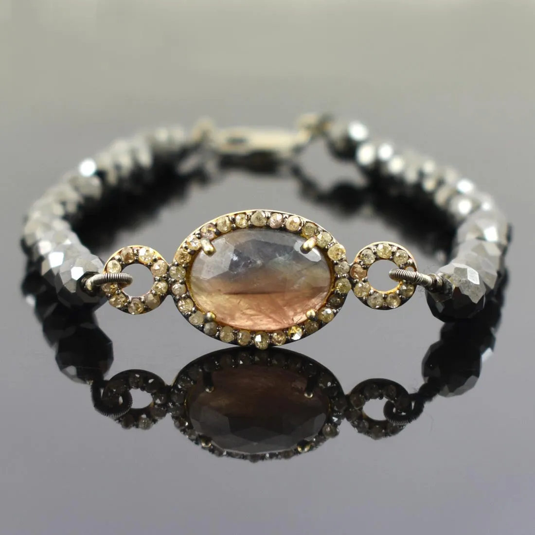 59 Cts Black Diamond & Sapphire Rose Cut Diamond Accents Designer Bracelet. Ideal Gift for Anniversary Birthday