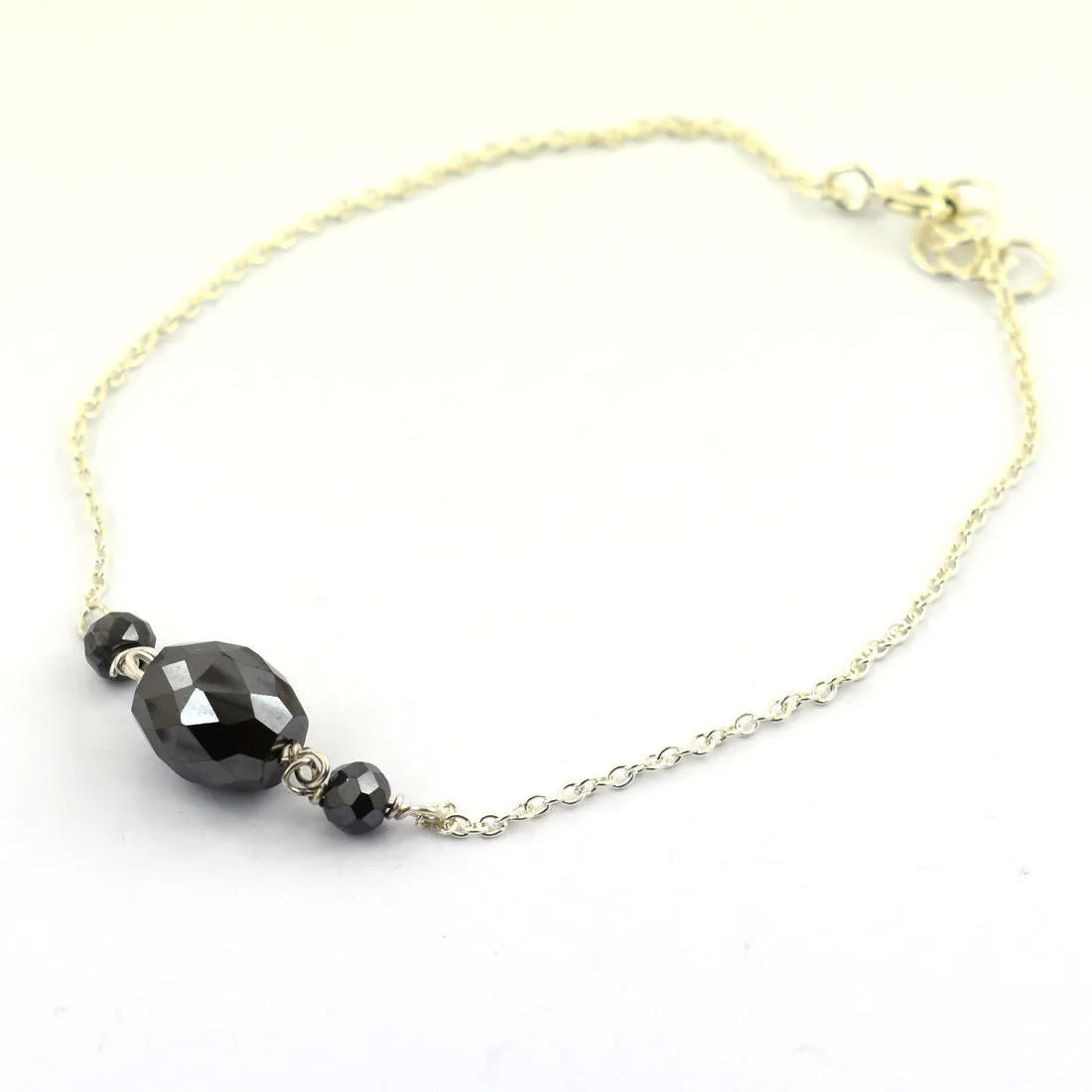 8.75 Ct Faceted Cut Black Diamond Chain Bracelet in 925 Silver White Finish. AAA Certified