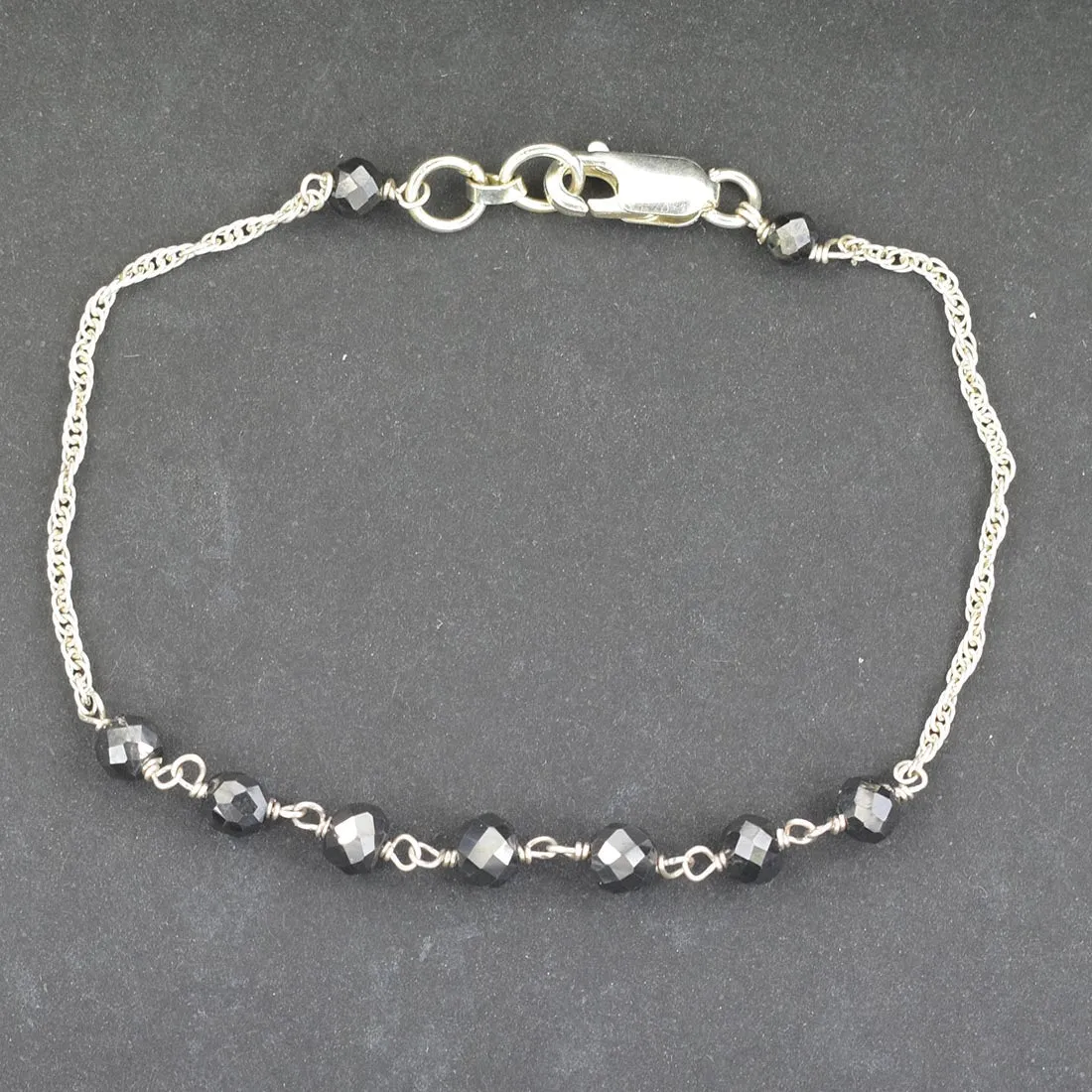 AAA Certified 5 mm Round Faceted Black Diamond Chain Bracelet in 925 Silver, Anniversary Gift