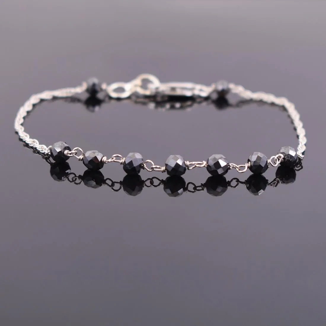 AAA Certified 5 mm Round Faceted Black Diamond Chain Bracelet in 925 Silver, Anniversary Gift