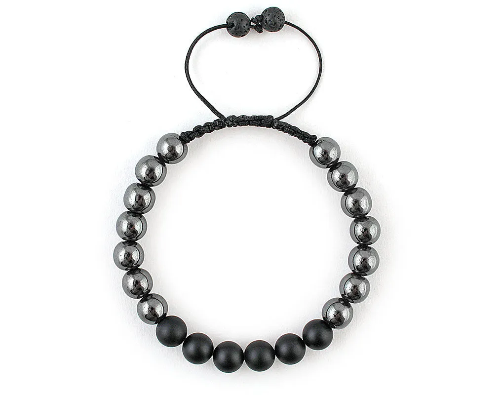 Adjustable bracelet with non-magnetic hematite and black matte onyx beads