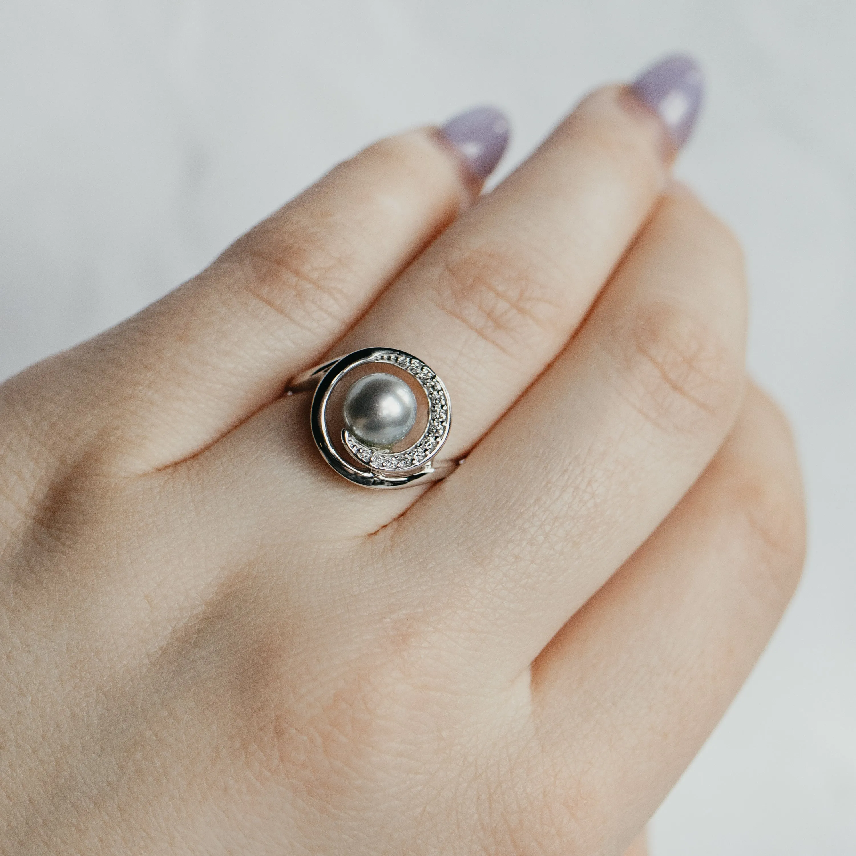 Akoya Pearl & Diamond Swirl White Gold Ring