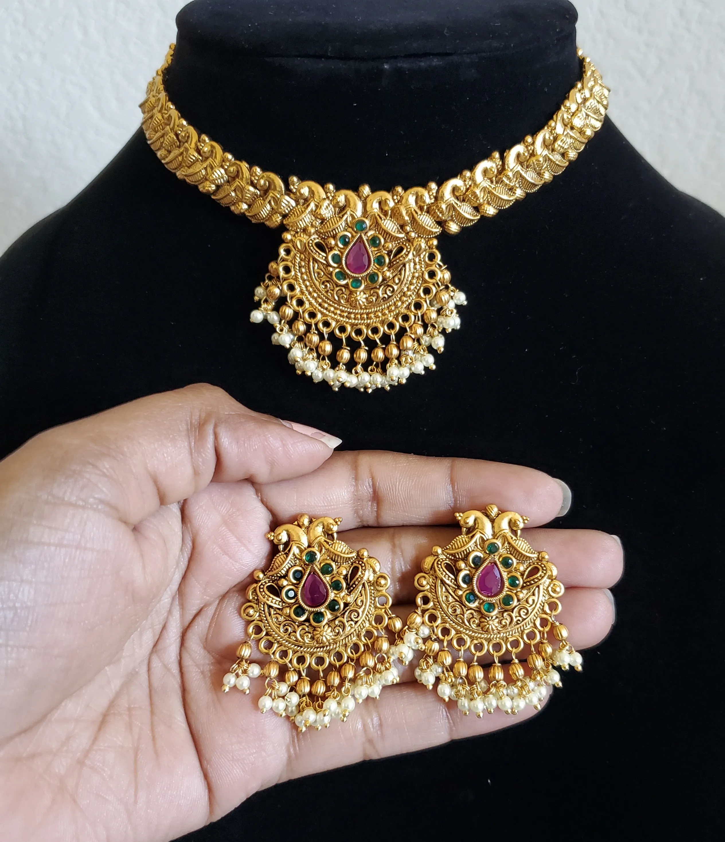 Antique South Indian Necklace With Matte Gold Plating