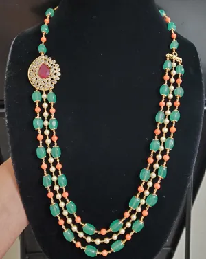 Bhavya Three Layer Bead and Pearl Set With Polki Side Pendant