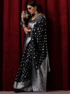 Black and Silver Pure Georgette Saree with Blouse Fabric