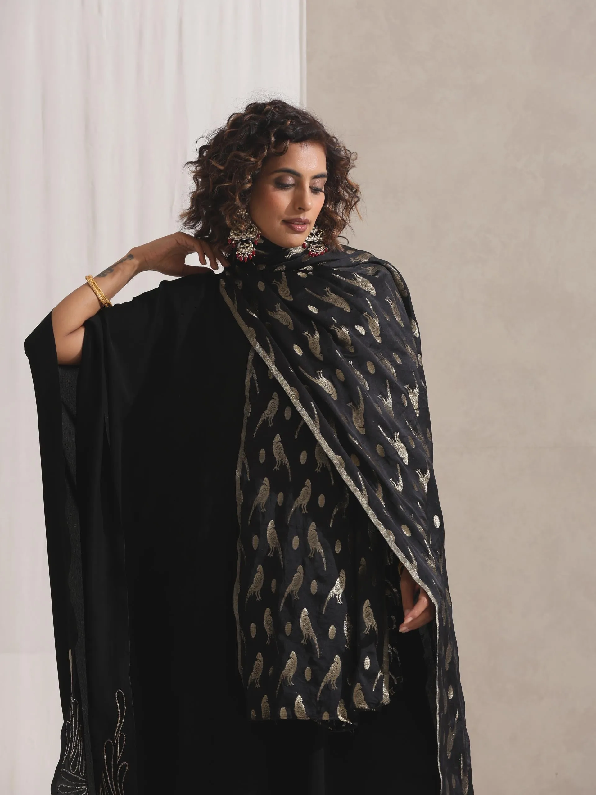 Black Gold Bird Jacquard Dupatta