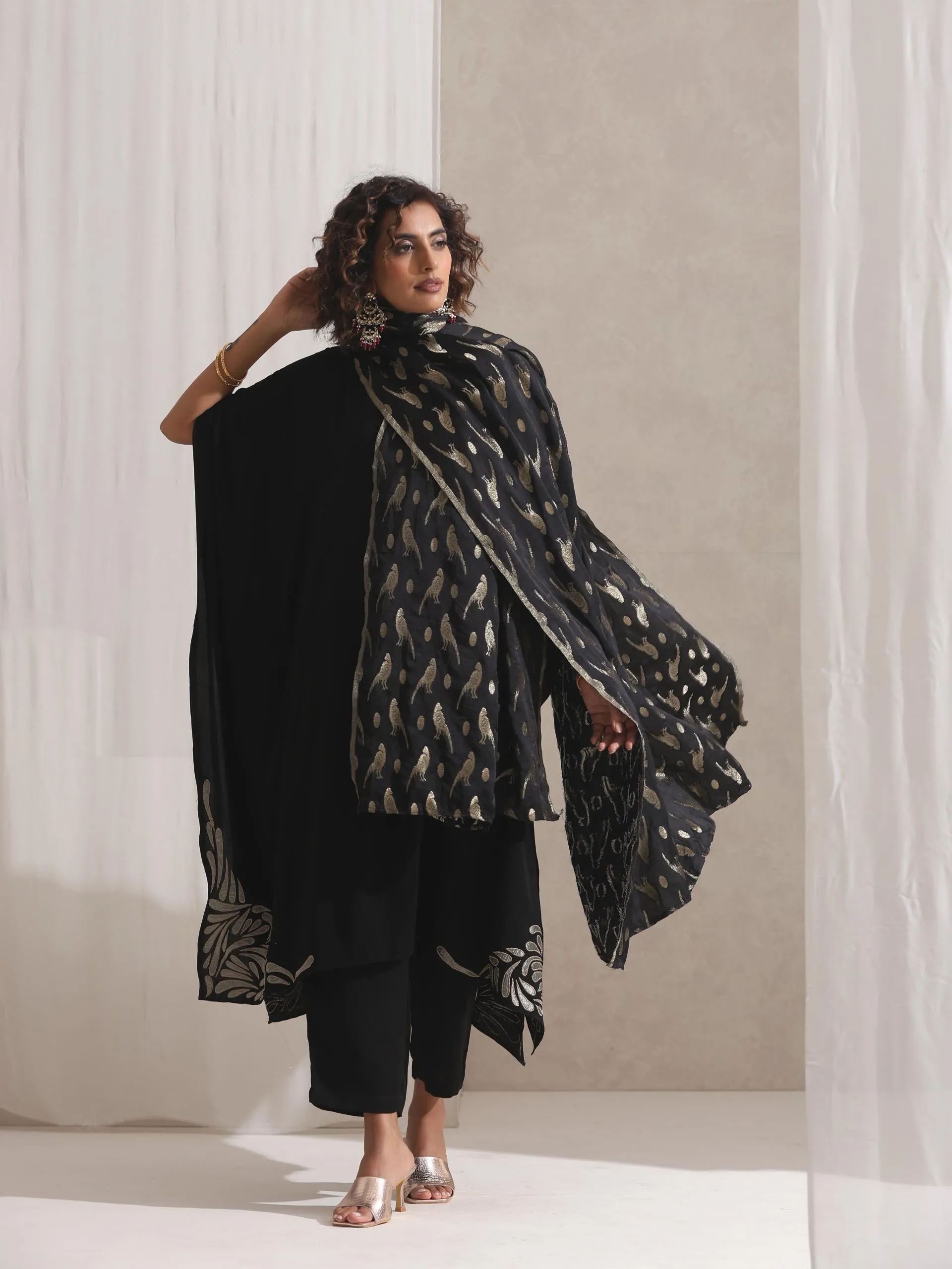 Black Gold Bird Jacquard Dupatta
