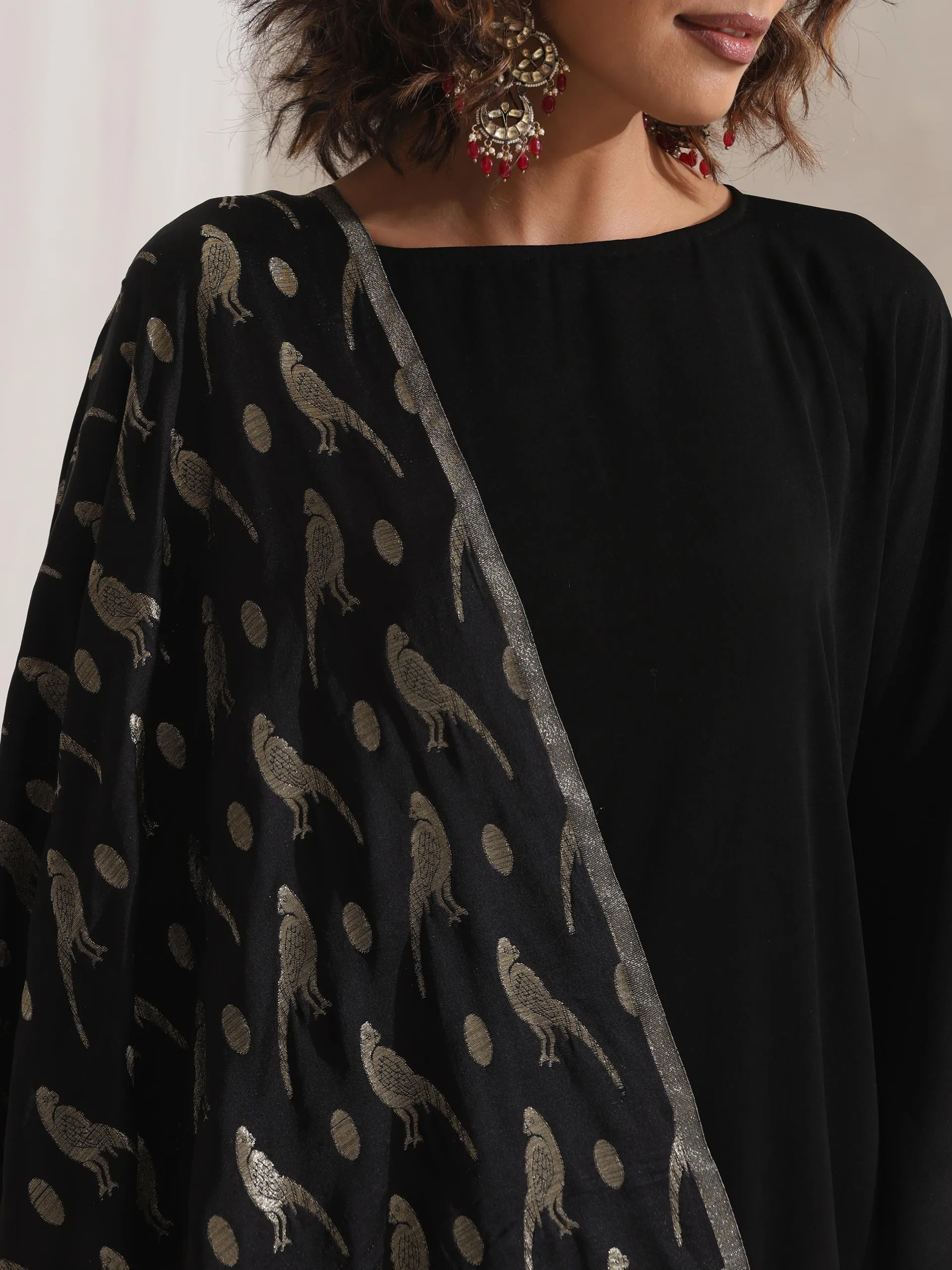 Black Gold Bird Jacquard Dupatta