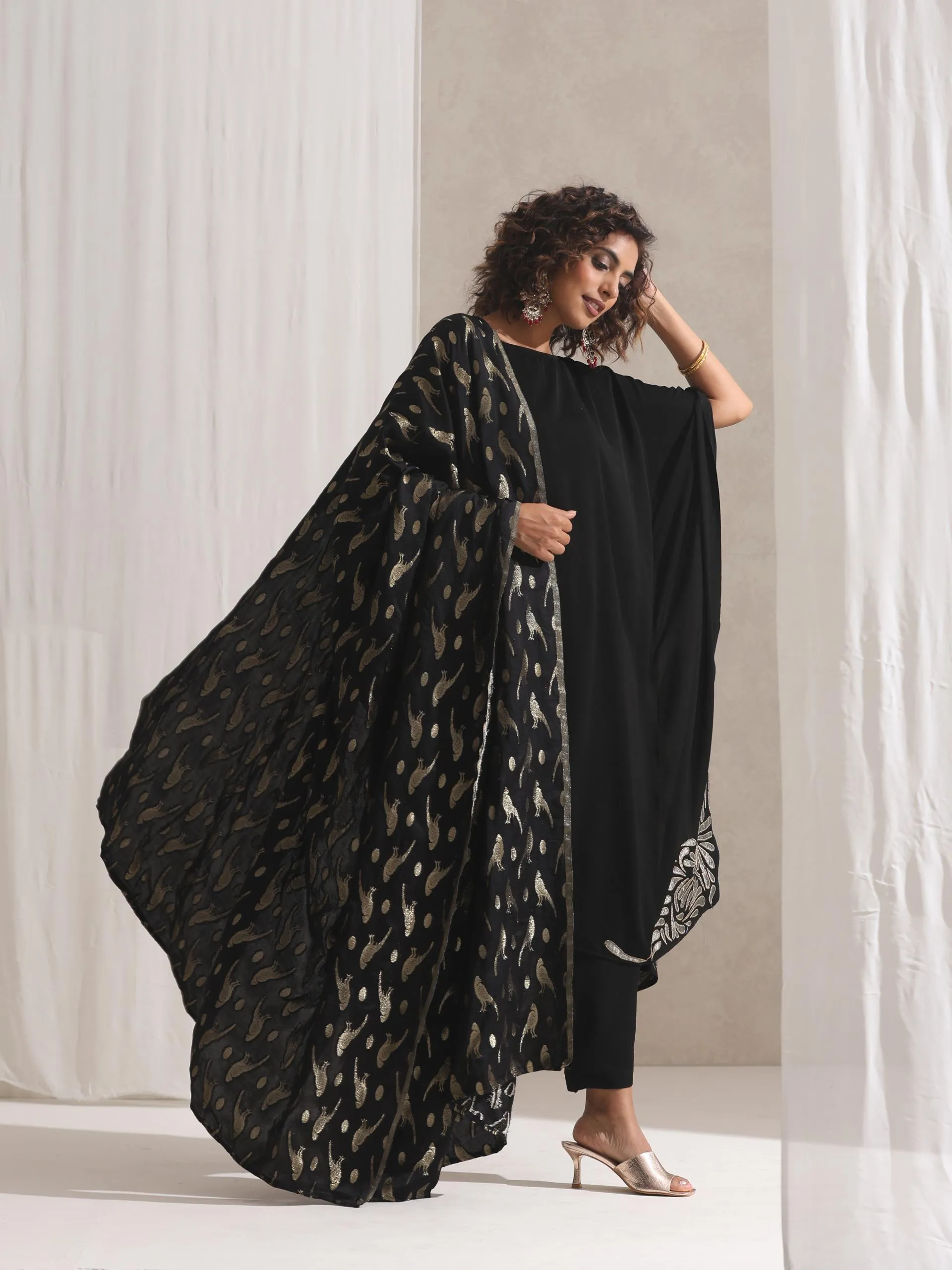 Black Gold Bird Jacquard Dupatta