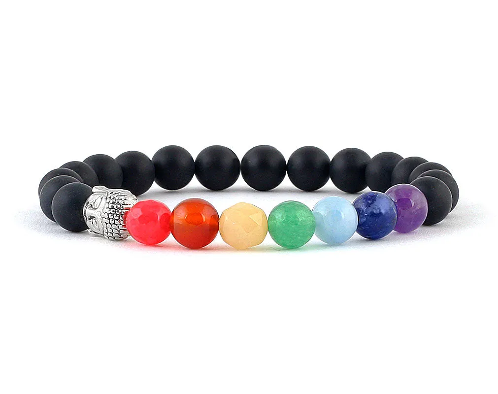 Black matte onyx Buddha bracelet with seven chakra beads