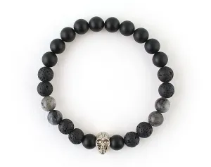 Black Skull bracelet with lava, onyx and labradorite beads