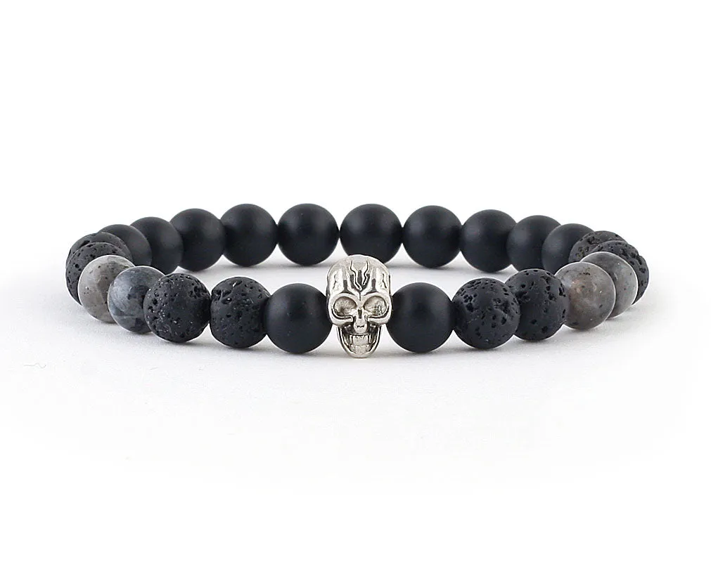 Black Skull bracelet with lava, onyx and labradorite beads