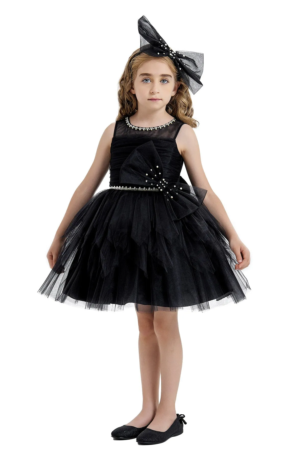 Black Tulle Dress for Girl with an Oversized Bow