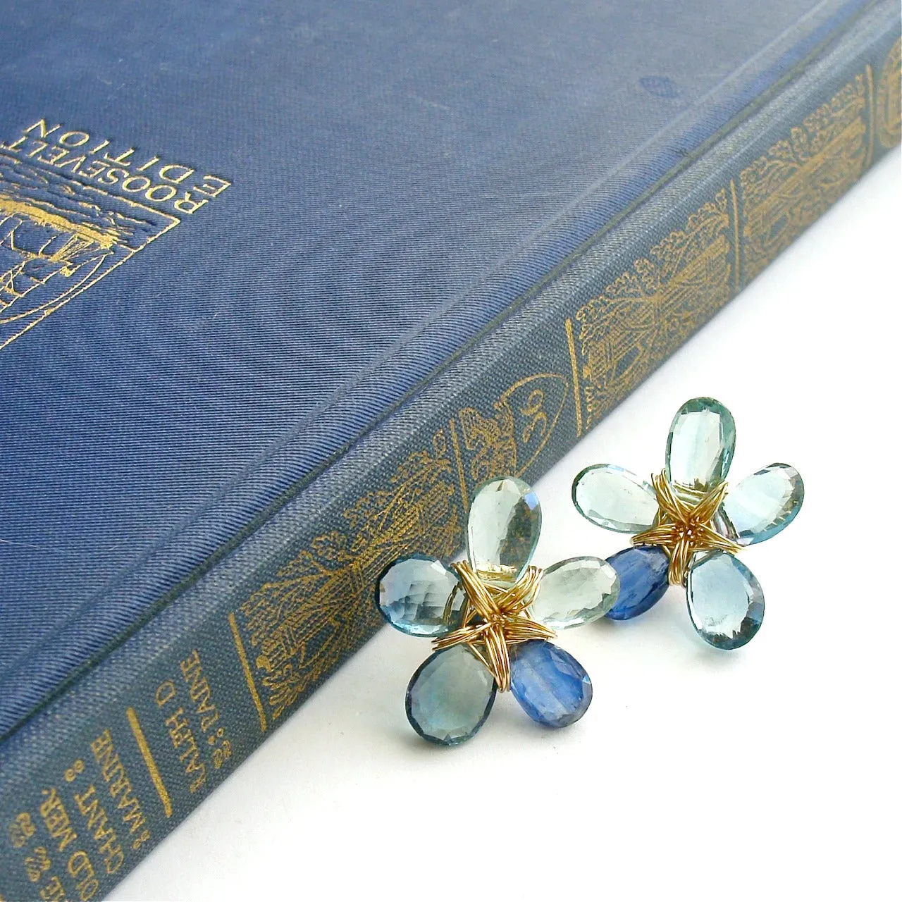 Blue Green Fluorite Kyanite Flower Post Earrings - Flori Earrings