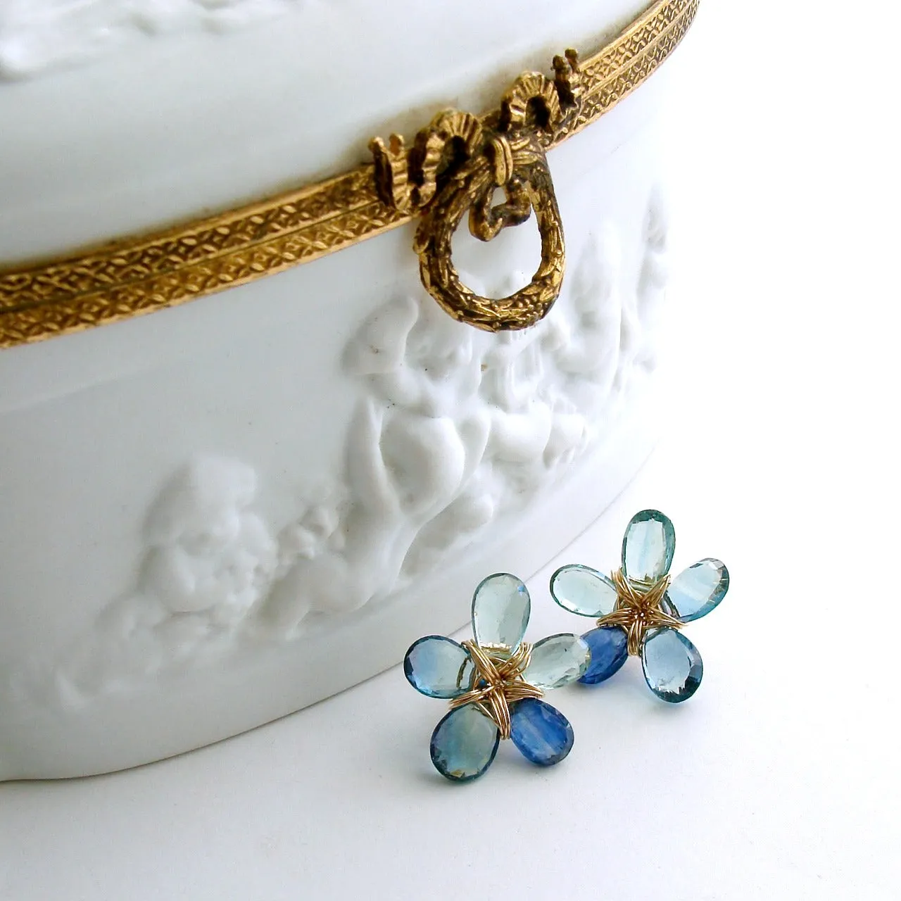 Blue Green Fluorite Kyanite Flower Post Earrings - Flori Earrings