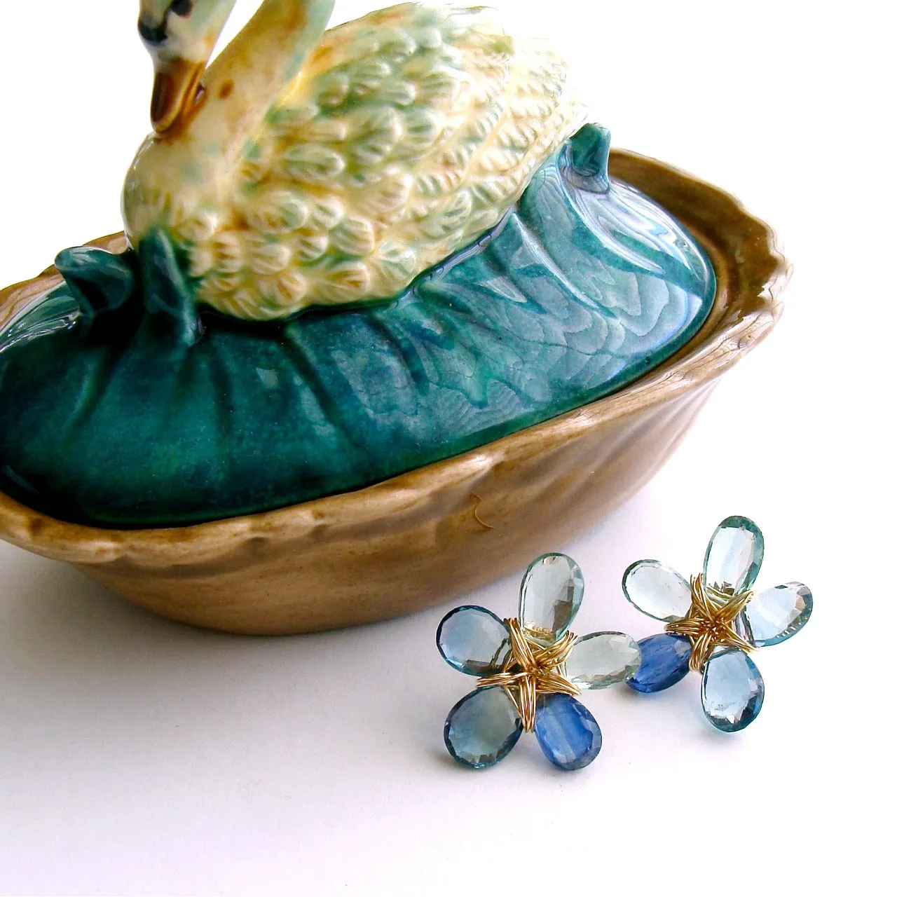 Blue Green Fluorite Kyanite Flower Post Earrings - Flori Earrings