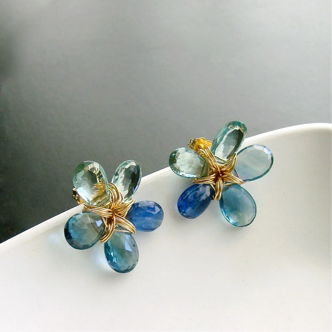 Blue Green Fluorite Kyanite Flower Post Earrings - Flori Earrings