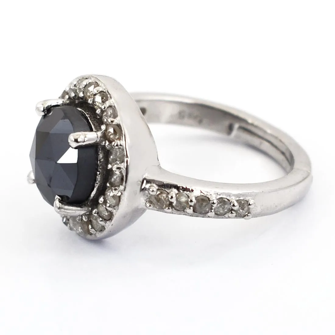 Certified 2.55 Ct Rose Cut Black Diamond Solitaire Cocktail Ring with Diamond Accents, Amazing Shine & Great Look