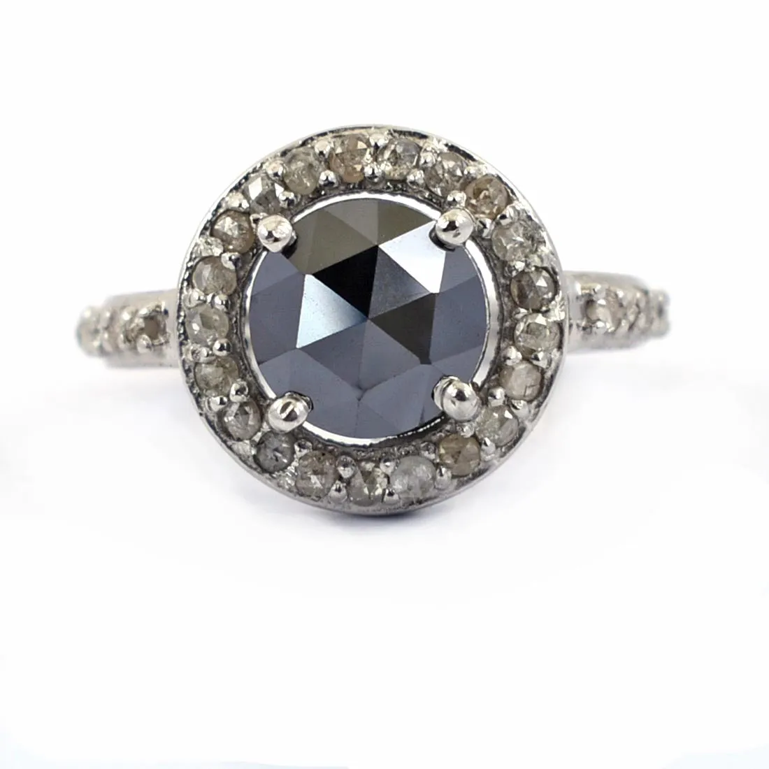 Certified 2.55 Ct Rose Cut Black Diamond Solitaire Cocktail Ring with Diamond Accents, Amazing Shine & Great Look